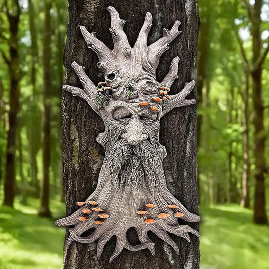 Teaeeno Charming Tree Face Garden Decor, Whimsical Old for Man Resin Statue with Foliage Features, Large Outdoor Tree Hugger for Yard Art, Root Detail,Trees Decor Outdoor Wallmounted Statue (Mushroom)