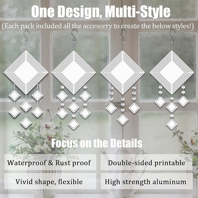 4Pack 10inch Sublimation Wind Spinner Blanks 3D Aluminum Metal Wind Sculpture Kinetic Spinners for Yard and Garden Indoor Art Ornaments Hanging Decoration (Rhombus)