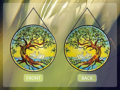 Stained Glass Window Hangings, Tree of Life with Hummingbird Suncatchers for Window, Treasured Gift for Mom, Grandma, Family and Friends (Tree of Life with Geese, 6.7x6.7 in)