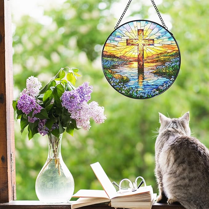 Cross Forget Me Not Stained Glass Window Hanging Suncatcher, Christian Flower Sunset Sun Catcher Indoor Window Decor Gifts, Religious Painted Glass Round Wall Hanging Decorations 7.8x7.8 in