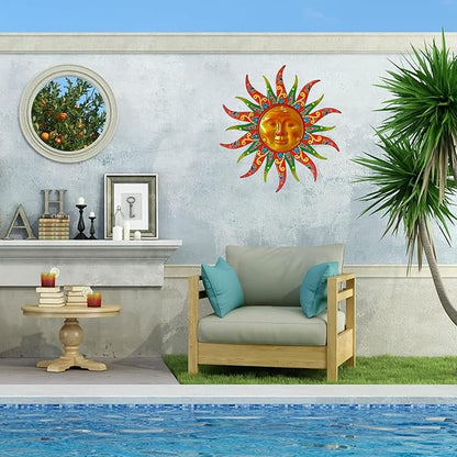 Metal Sun Wall Decor, 16 Inches, Colorful Sun Face Art Hanging for Indoor Outdoor Garden Farmhouse Yard Patio Fence Living Room Bedroom
