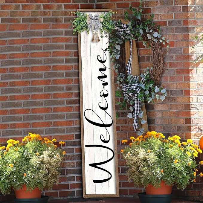 flowtorely Outdoor Welcome Sign for Front Porch Standing 45"×9" Vertical Leaner Wood Frame Tall Outside Rustic Large farmhouse Home Decor Welcome Sign for Front Door Decorations (Wood White)