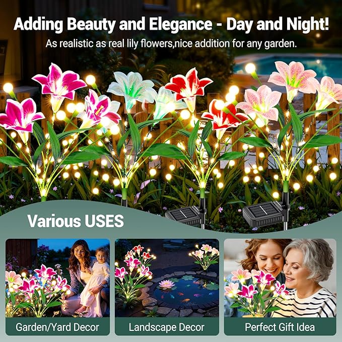 WdtPro Upgraded Solar Garden Lights Outdoor: 8 Pack 2-in-1 Solar Firefly Swaying Light with Lily Flower and Glowing Stem, Waterproof Garden Decor for Yard Patio Pathway Lawn, Gardening Gifts for Women