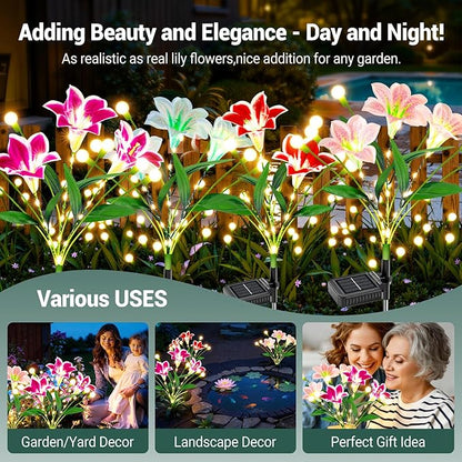 WdtPro Upgraded Solar Garden Lights Outdoor: 8 Pack 2-in-1 Solar Firefly Swaying Light with Lily Flower and Glowing Stem, Waterproof Garden Decor for Yard Patio Pathway Lawn, Gardening Gifts for Women