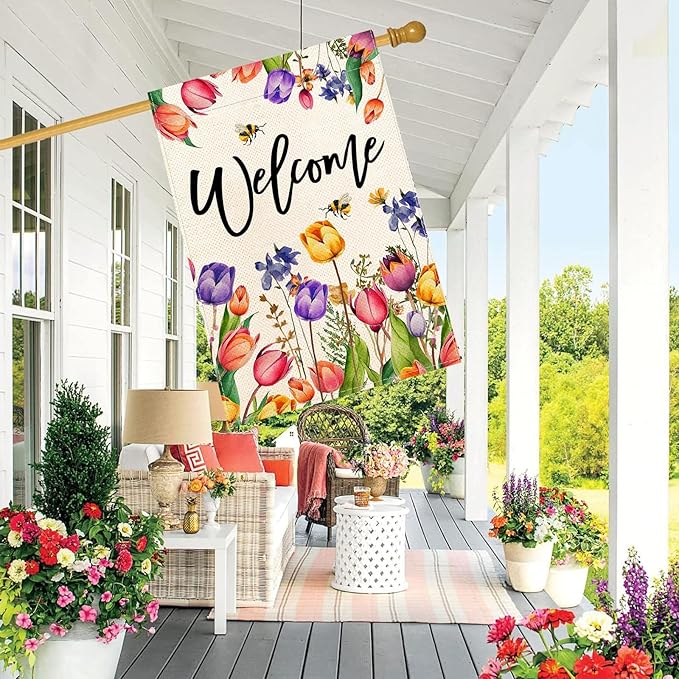 Baccessor Spring Summer Easter Tulip Welcome House Flag Double Sided Bee Colorful Floral Burlap Yard House Seasonal Farmhouse Outside Outdoor Decoration 28 x 40 Inch（large）
