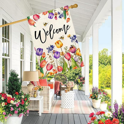 Baccessor Spring Summer Easter Tulip Welcome House Flag Double Sided Bee Colorful Floral Burlap Yard House Seasonal Farmhouse Outside Outdoor Decoration 28 x 40 Inch（large）