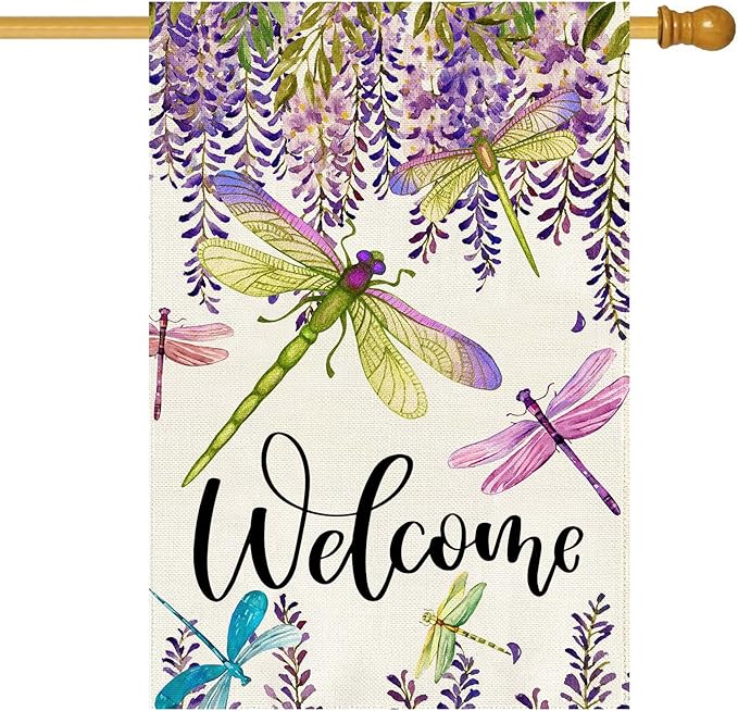 Baccessor Spring Summer Flower House Flag Wisteria Dragonfly Floral Welcome House Flag Burlap Double Sided Vertical Seasonal Farmhouse Wedding Yard Outdoor Decoration 28 x 40 Inch (Large)