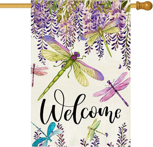 Baccessor Spring Summer Flower House Flag Wisteria Dragonfly Floral Welcome House Flag Burlap Double Sided Vertical Seasonal Farmhouse Wedding Yard Outdoor Decoration 28 x 40 Inch (Large)
