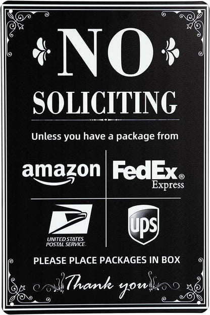 NO SOLICITING Decorative Sign Chic Metal Delivery Sign for Outdoor Yard Front Door or Indoor office Room Wall Decor to Discourage Unwanted Visitors- PLEASE PLACE PACKAGES IN BOX (Color01)