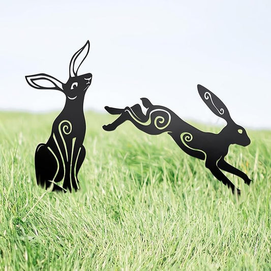 Rustic Metal Bunny Garden Statues – Set of 2 Outdoor Moon Rabbit Decor with Swirling Motifs Bunny Garden Decor Outdoor Sculpture | Metal Easter Yard Art for Patio, Lawn & Easter Gifts