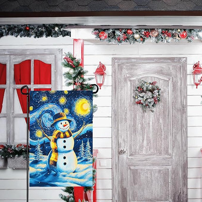 Winter Garden Flag Santa Snowman Yard Flags Van Gogh Yard Flags Art Starry Night Sky Moon Wall Banner Xmas Blue Pine Snowfield House Banners for Happy Holiday Farmhouse Outdoor 12 x 18 Inch