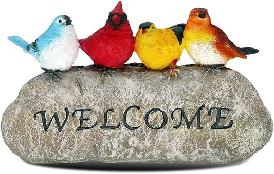 Bird Welcome Sign Stone Statue for Yard Patio Lawn Multicolored Indoor Outdoor Outside Birdy Garden Decor Funny Fairy Ornaments Figurine Home Decorations