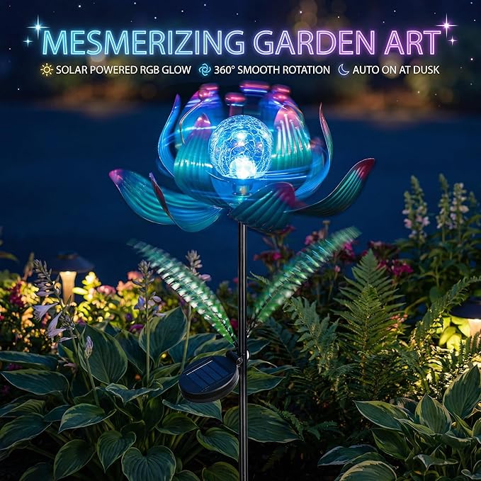 Solar Wind Spinner Outdoor Metal - Kinetic Lotus Flower Garden Sculptures & Spinners with Crackle Glass Lighting, 360° Spinning Yard Art Decor for Patio, Lawn, Pathway, Gifts for Women