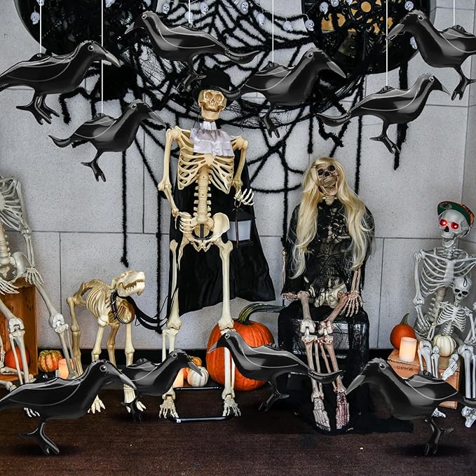 Ripeng 12 Pcs 11.5'' Halloween Inflatable Outdoor Decoration Large Halloween Crow Inflatable Hanging Ornament Realistic PVC Glow in The Dark Black Blow up Crow for Outside Indoor Yard Tree Party Decor
