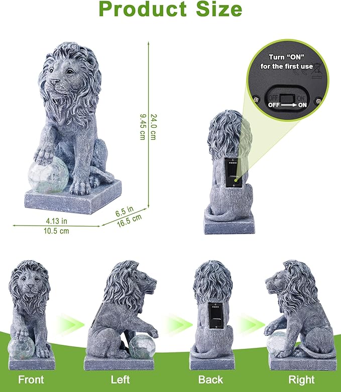Nacome Guardian Lion Garden Decor: Outdoor Decoration Statue with Ball Lights for Yard Art Porch Patio Balcony - Unique Birthday Choice for Women Mom Lover(9.45in)