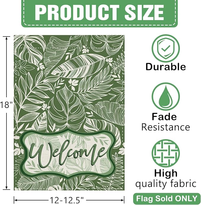 Dyrenson Welcome Green Leaves Decorative Garden Flag, Tropical Plant Monstera Botanical Yard Outside Home Decoration, Spring Summer Floral Burlap Outdoor Small Decor Double Sided 12 x 18