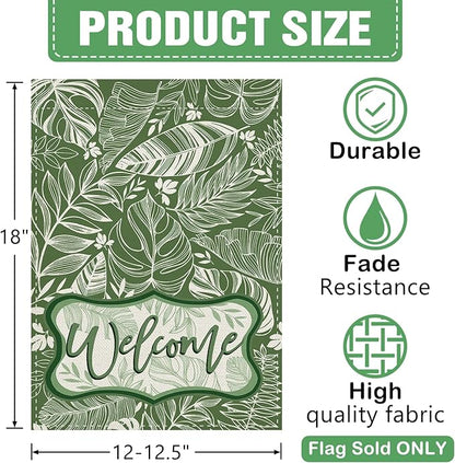 Dyrenson Welcome Green Leaves Decorative Garden Flag, Tropical Plant Monstera Botanical Yard Outside Home Decoration, Spring Summer Floral Burlap Outdoor Small Decor Double Sided 12 x 18