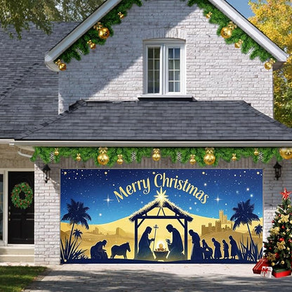 HOMETITUTE Christmas Garage Door Banner 13x6ft Holy Nativity Manger Scene Theme Backdrop Holiday Seasonal Decor Winter Door Cover Banners for Outside Garage Wall Covering for Party