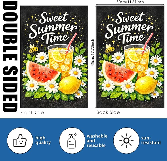 Nuxovilar Summer Garden Flag Sweet Summer Time Lemon Drink Watermelon Pattern Polyester 12x18 Inches Garden Flags for Outside Floral Decor Yard Porch Lawn