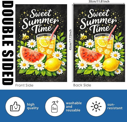 Nuxovilar Summer Garden Flag Sweet Summer Time Lemon Drink Watermelon Pattern Polyester 12x18 Inches Garden Flags for Outside Floral Decor Yard Porch Lawn