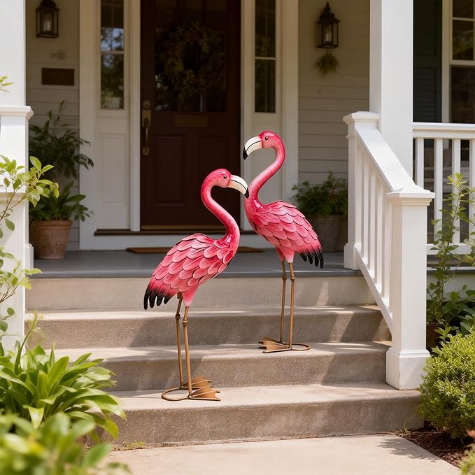Ratuor Metal Flamingo Yard Decor Garden Statues,Outdoor Pink Flamingo for Backyard Patio Porch Decoration,Valentine's Day,Wedding,Party,Lawn Decorations (2)