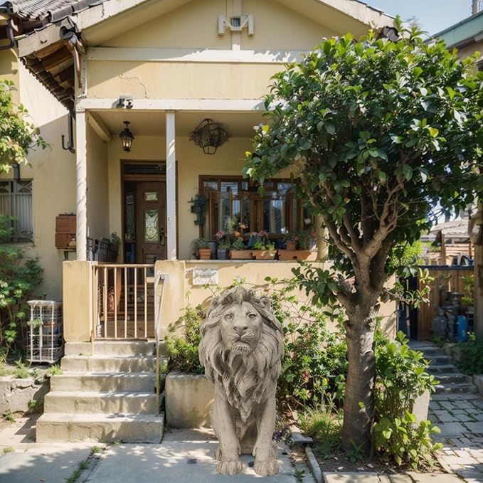 Garden Outdoor Statues Lion Statue – 20Inch Garden Decor Statue Antique Lion Stone with Long Hair Outdoor Indoor Figurine Gift Decoration for Home Décor Patio Yard 20 * 9.5 * 19.5 inch