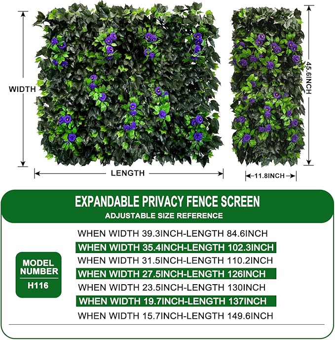 Dense Flowering Ivy Privacy Screen- Realistic Faux Foliage on Expandable Willow Fence for Outdoor, Patio, Balcony Cover & Decorative Shade Panel, UV Protected