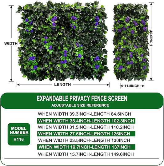 Dense Flowering Ivy Privacy Screen- Realistic Faux Foliage on Expandable Willow Fence for Outdoor, Patio, Balcony Cover & Decorative Shade Panel, UV Protected