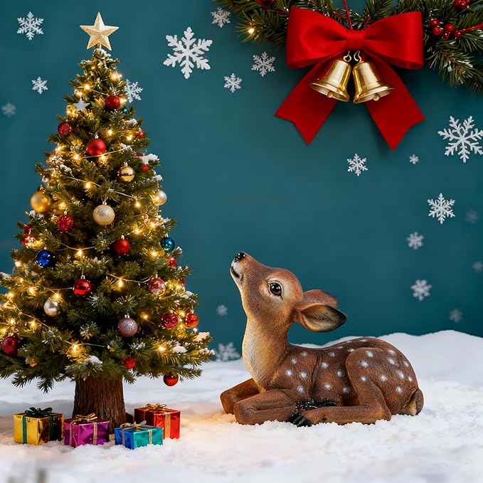 Deer Garden Statue, Outdoor Decorative Sculpture Brown with White Spots, 8.2 x 9.45 x 5.1 inches Yard Lawn Decor Deep Forest Deer