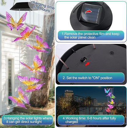 Purple Butterfly Solar Wind Chimes Outdoor Color Changing Solar Lights Garden Decor Best Gifts for Mom Decorations Mobile Windchimes Unique Chiristmas Gifts