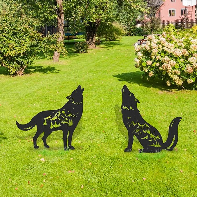 Wolf Garden Stakes Decorations - 2 Pcs Metal Howling Animals Silhouette Outdoor Statues Black Decorative Yard Sculpture Gifts Art Personalized Outside Decors for Patios Lawn Pathway Backyard