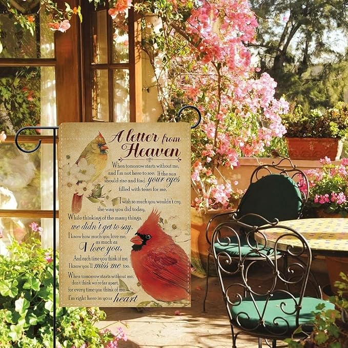 Dyrenson Memorial Cardinal A Letter From Heaven Decorative Garden Flag, Vintage Red Birds Cemetery Yard Outside Home Decoration, Retro Dogwood Flower Burlap Outdoor Small Decor Double Sided 12 x 18