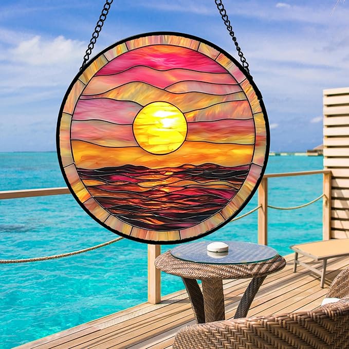 DASTOLL Stained Glass Window Hanging, Sunrise Sea Surface Sun Catchers Diamond Glass Panel Hangings Abstract Suncatcher Decor for Birthday for Women, Men, Wife, Aunt, and Mom 14.9 in