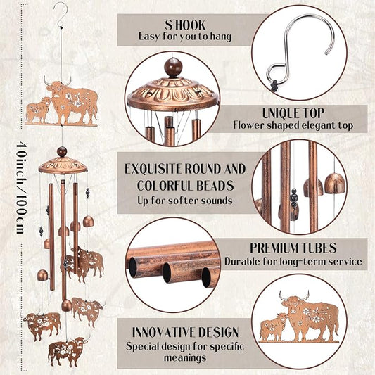 Highland Cow Outdoor Decor - Metal Wind Chimes Cows Gifts with Card for Women Men Wife Grandma Outside Indoor Hanging Decoration for Garden Lawn Patio Balcony Birthday Christmas Memorial Gift