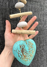 Heart Driftwood Hanging Coastal Decor - Beach Wood Stone Garland Indoor Outdoor Patio Garden Gift 15" Teal