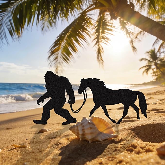 Bigfoot Garden Stake – Metal Sasquatch Statue Walking Horse on Leash – Funny Bigfoot Yard Decor, Outdoor Metal Yard Art, Sasquatch Sign for Garden & Lawn