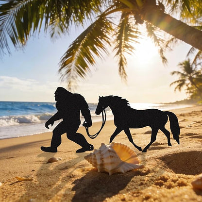 Bigfoot Garden Stake – Metal Sasquatch Statue Walking Horse on Leash – Funny Bigfoot Yard Decor, Outdoor Metal Yard Art, Sasquatch Sign for Garden & Lawn
