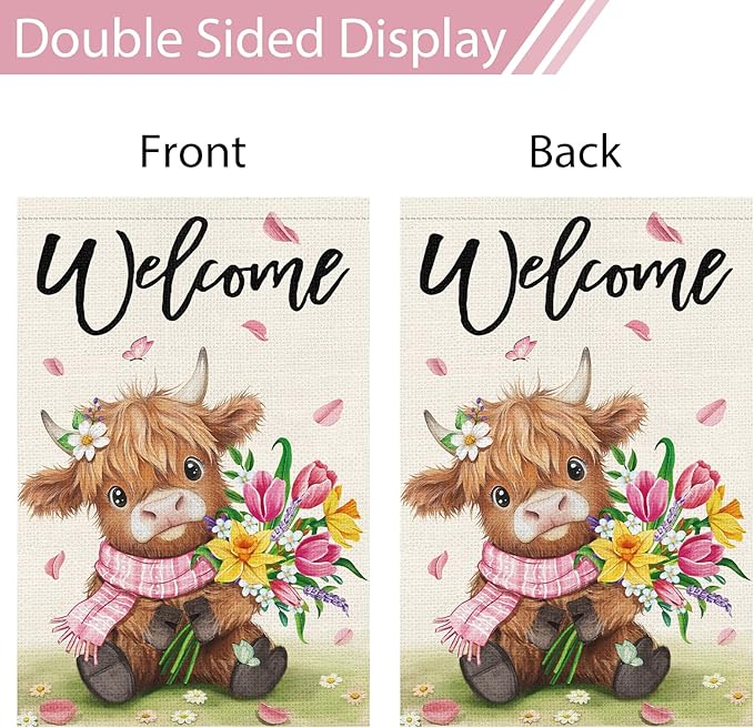 Heyfibro Welcome Spring Summer Highland Cow Garden Flag 12x18 Double Sided Burlap, Flower Bouquet Butterfly Yard Banner for Holiday Farmhouse Yard Outdoor Decor(ONLY FLAG)