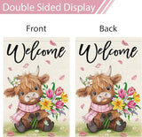 Heyfibro Welcome Spring Summer Highland Cow Garden Flag 12x18 Double Sided Burlap, Flower Bouquet Butterfly Yard Banner for Holiday Farmhouse Yard Outdoor Decor(ONLY FLAG)