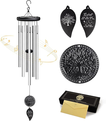 Memorial Wind Chimes for Loss of Loved One, Sympathy Wind Chimes with Tree of Life, Remembrance in Memory of Mom Dad, Bereavement and Condolence Memorial Gifts (Silver Black)