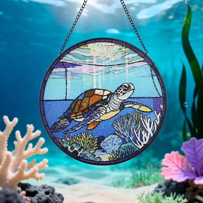Stained Glass Window Hanging, Turtle Circular Painted Glass Suncatcher with Chain & Suction Cup for Home Garden Door Decor, Birthday for Women Men Mom 7.8 in