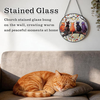 Cat Stained Glass Window Hanging with Hook – 6.3" Handcrafted Suncatcher, Vibrant Decor for Living Room Office, Unique Gifts for Women, Mom, Teen Girls, Cat Lovers