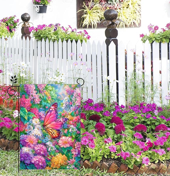 Spring Garden Flag for Outside 12x18 Inch Double Sided, Butterfly Flowers Small Yard Outdoor Flags for Seasonal Spring Summer Farmhouse Holiday Decoration