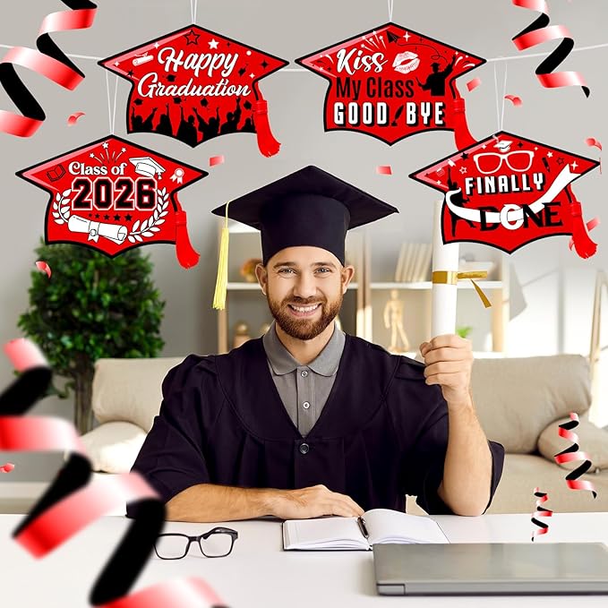 Chunful 12 Pack Graduation Yard Signs Grad Decoration 2026 Happy Graduate Lawn Garden Sign with Stake Congrats Outdoor Plastic Cap Hanging Ornament for Class Pathway Walkway Porch Party(Red)