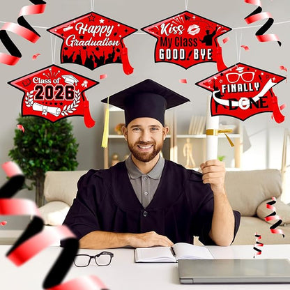 Chunful 12 Pack Graduation Yard Signs Grad Decoration 2026 Happy Graduate Lawn Garden Sign with Stake Congrats Outdoor Plastic Cap Hanging Ornament for Class Pathway Walkway Porch Party(Red)