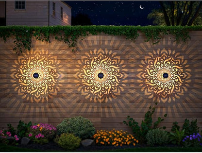 2 Pack Large Solar Fence Lights Metal Solar Powered Outdoor Wall Deck Step Lights Mandala Theme Waterproof Fence Light for Garden Post Patio Backyard Yard Decor, Gardening Gifts for Women Mom Grandma