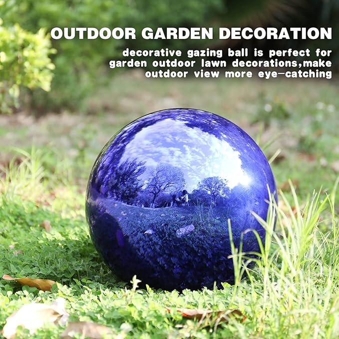 VCUTEKA Gazing Ball, Glass Mirror Polished Hollow Ball Reflective Garden Sphere, Gazing Globe for Home Garden Lawn Outdoor Ornament Yard Decorative, 10-Inch, IIndigo Blue