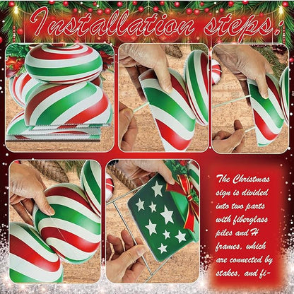 33" Christmas Decorations Outdoor Candy Christmas Decorations, 2ct Large Tall Outdoor Stake Signs 4 Interlocking PP Panels with H-Brackets Fiberglass Rods for Lawn Pathway Xmas Party