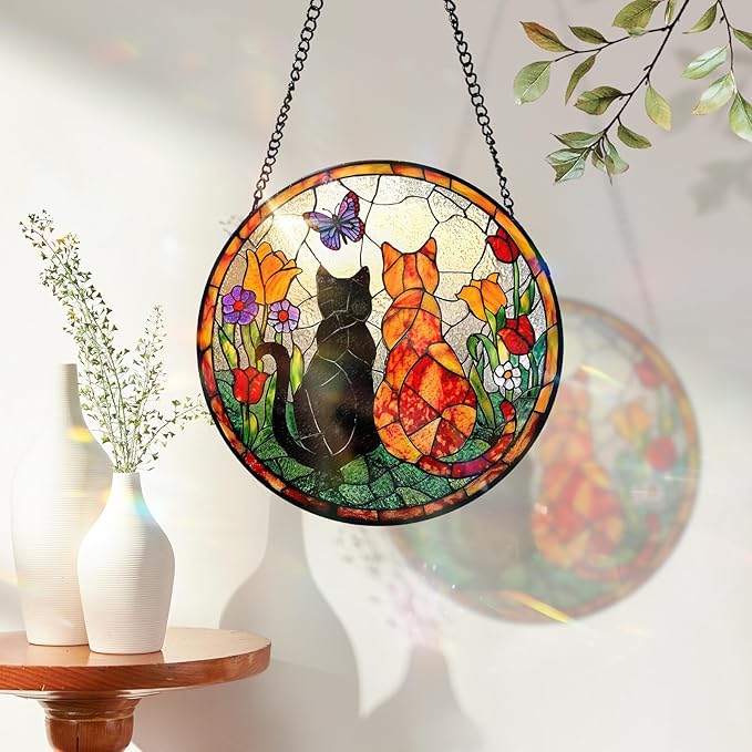 7.8 Inch Stained Glass Window Hanging Cats Flowers Butterfly Sun Catcher Indoor Window Door Wall Yard Home Decor Colorful Glass Panel Suncatcher Gifts for Women Men Mom Grandma
