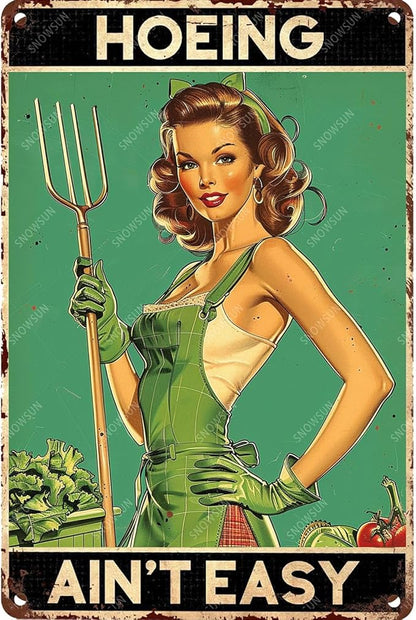 snowsun Vintage Metal Signs Girl Hoeing Ain't Easy Funny Tin Sign Wall Decor for Living Room Bedroom Garden Yard Bar Cafe 8×12 Inches